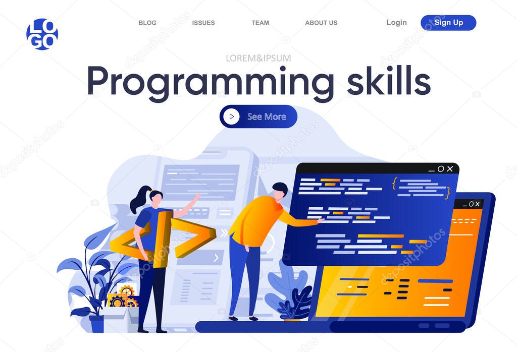 Programming skills flat landing page. Developers team creating, testing and programming computer application vector illustration. Software development web page composition with people characters.