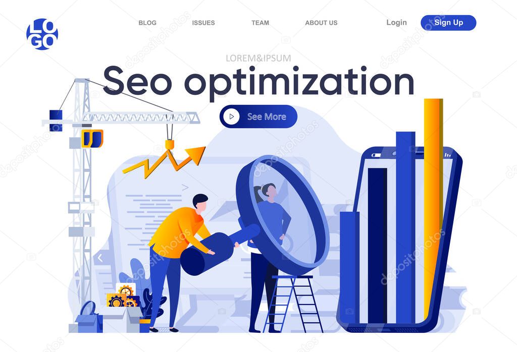 Seo optimization flat landing page. Analytics team carefully studying information with big magnifying glass vector illustration. Search engine optimization web page composition with people characters