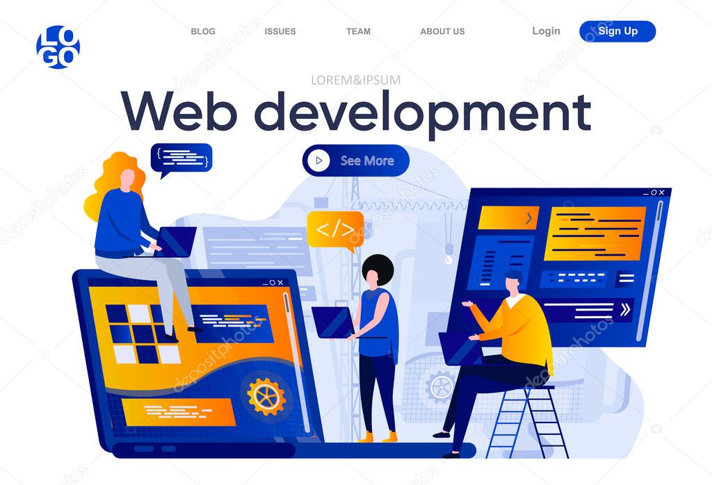 Web development flat landing page. Creative team of designers and developers work together vector illustration. Full stack development, software engineering web page composition with people characters