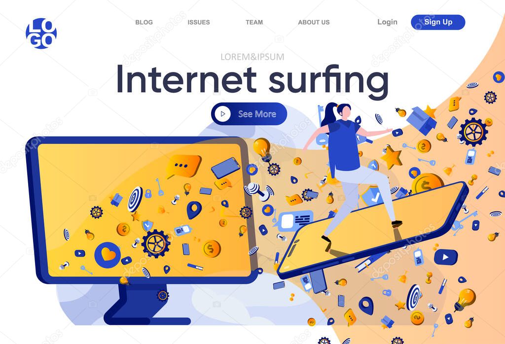 Internet surfing flat landing page. Woman surfing waves on smartphone as surfboard vector illustration. High speed internet connection and provider services web page composition with people characters