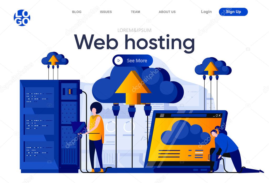 Web hosting flat landing page. IT specialists managing server equipment vector illustration. Data center computing technology, hosting and support service web page composition with people characters.