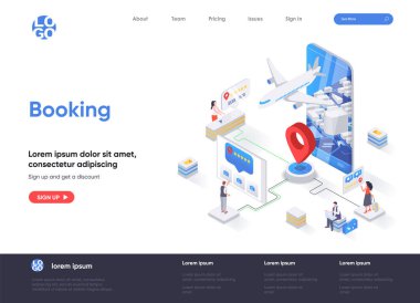 Booking isometric landing page. Travel application for ticket orders, hotel search, review and reservation isometry web page. Flight booking flat website. Vector illustration with people characters. clipart