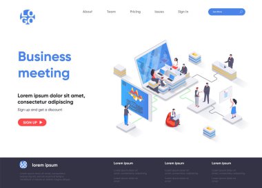İş görüşmesi izometrik iniş sayfası. Ortaklık ve takım çalışması, online toplantı ve sohbet izometri web sayfası. Web sitesi düz şablonu, insan karakterli vektör illüstrasyonu.
