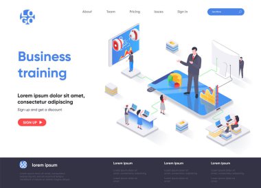 İzometrik iniş sayfası. İş eğitimi, kariyer geliştirme kursu, motivasyon ve danışmanlık izometri web sayfası. Web sitesi düz şablonu, insan karakterli vektör illüstrasyonu.