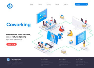 Eşzamanlı uzay izometrik iniş sayfası. Dizüstü bilgisayarlarla çalışan serbest çalışanlar, birlikte çalışan iş adamları, izometri web sayfası. Web sitesi düz şablonu, insan karakterli vektör illüstrasyonu.