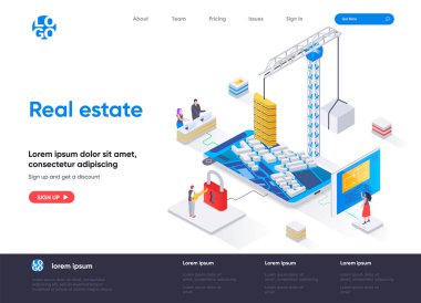 Emlak izometrik iniş sayfası. Konut ve ticari gayrimenkul, mühendislik ve inşaat izometri web sayfası. Web sitesi düz şablonu, insan karakterli vektör illüstrasyonu.