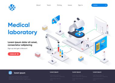 Tıbbi laboratuvar izometrik iniş sayfası. Eczane geliştirme, biyoteknoloji endüstrisi, hasta testleri ve teşhis izometri web sayfası. İnsan karakterli web sitesi düz vektör illüstrasyonu.
