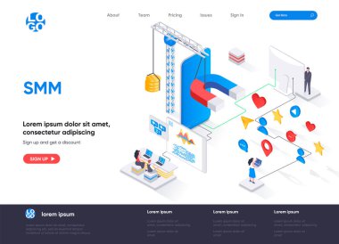 SMM izometrik iniş sayfası. Dijital pazarlama kampanyası, duyuru ve tanıtım izometri web sayfası. Yeni müşterilerin web sitesi düz şablonunun cazibesi. İnsan karakterleri ile vektör illüstrasyonu.