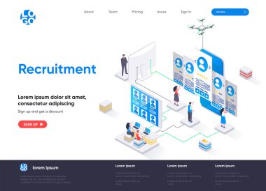 İşe alım izometrik iniş sayfası. İnsan kaynakları yönetimi ve personel avcılığı izometri web sayfası. Web sitesi düz şablonu. Adayların özgeçmişlerinin incelenmesi insan karakterleri ile vektör illüstrasyonu.