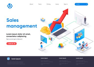 Satış yönetimi izometrik iniş sayfası. Satış gücü geliştirme, satış operasyonlarını koordine etme ve veri analiz izometri web sayfası. Web sitesi düz şablonu, insan karakterli vektör illüstrasyonu.