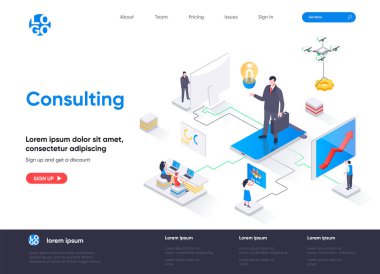 İniş sayfasına danışmanlık yapıyorum. Yetkili iş uzmanlığı ve hukuk yardımı, mali denetim ve muhasebe isometri web sayfası. Web sitesi düz şablonu, insan karakterli vektör illüstrasyonu.