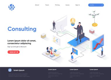 Consulting isometric landing page. Competent business expertise and law assistance, financial audit and accounting isometry web page. Website flat template, vector illustration with people characters. clipart