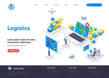 Logistics isometric landing page. Express delivery service, global freight shipping, warehousing and distribution isometry web page. Website flat template, vector illustration with people characters. clipart