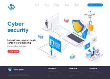 Cyber security isometric landing page. Internet privacy, password access, firewall software and identification isometry web page. Website flat template, vector illustration with people characters. clipart
