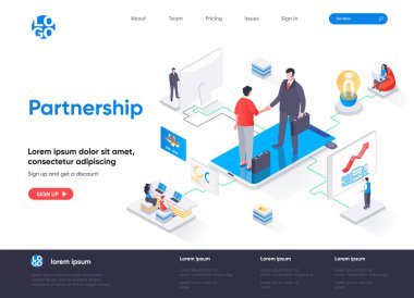 Ortaklık izometrik iniş sayfası. İş birliği, ortaklar anlaşması, etkin takım çalışması ve iletişim izometri web sayfası. İnsan karakterli web sitesi düz vektör illüstrasyonu.
