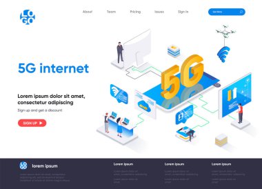 5G internet izometrik iniş sayfası. Mobil telekomünikasyon, 5G üretim teknoloji standardı, hücresel ağlar izometri web sayfası. Web sitesi düz şablonu, insan karakterli vektör illüstrasyonu.