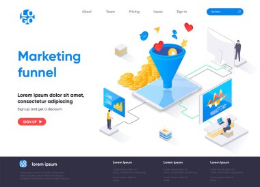 Pazarlama hunisi izometrik iniş sayfası. Pazarlama araştırması ve strateji planlaması, yeni müşterilerin cazibesi izometri web sayfası. Web sitesi düz şablonu, insan karakterli vektör illüstrasyonu.