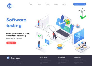 Yazılım testi izometrik iniş sayfası. Yazılım testi ve kalite güvencesi, hata arama ve analiz süreci izometri web sayfası. Web sitesi şablonu, insan karakterli vektör illüstrasyonu.