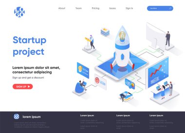 Startup project isometric landing page. Team of startup founders launching new project isometry web page. Innovation solution development website template, vector illustration with people characters. clipart
