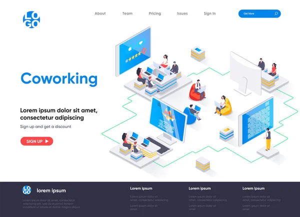 Espaço Coworking Landing Page Isométrica Freelancers Trabalhando Com Laptops Equipe — Vetor de Stock