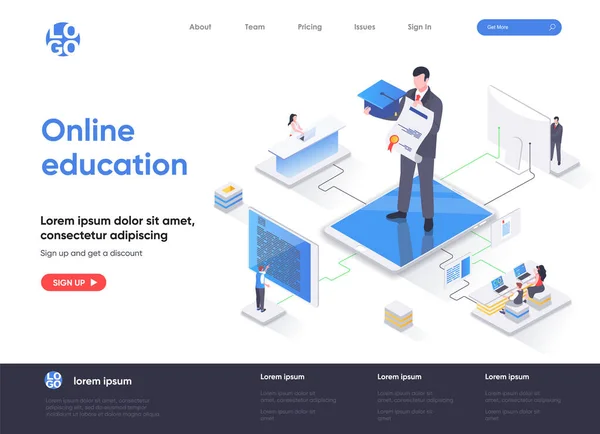 Online Onderwijs Isometrische Landing Page Dienst Voor Afstandsonderwijs Professionele Cursussen — Stockvector