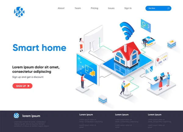 Slimme Huis Isometrische Landing Page Online Home Control Monitoring Beheer — Stockvector