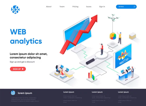 Página Destino Isométrica Análisis Web Análisis Negocio Línea Servicio Análisis — Archivo Imágenes Vectoriales