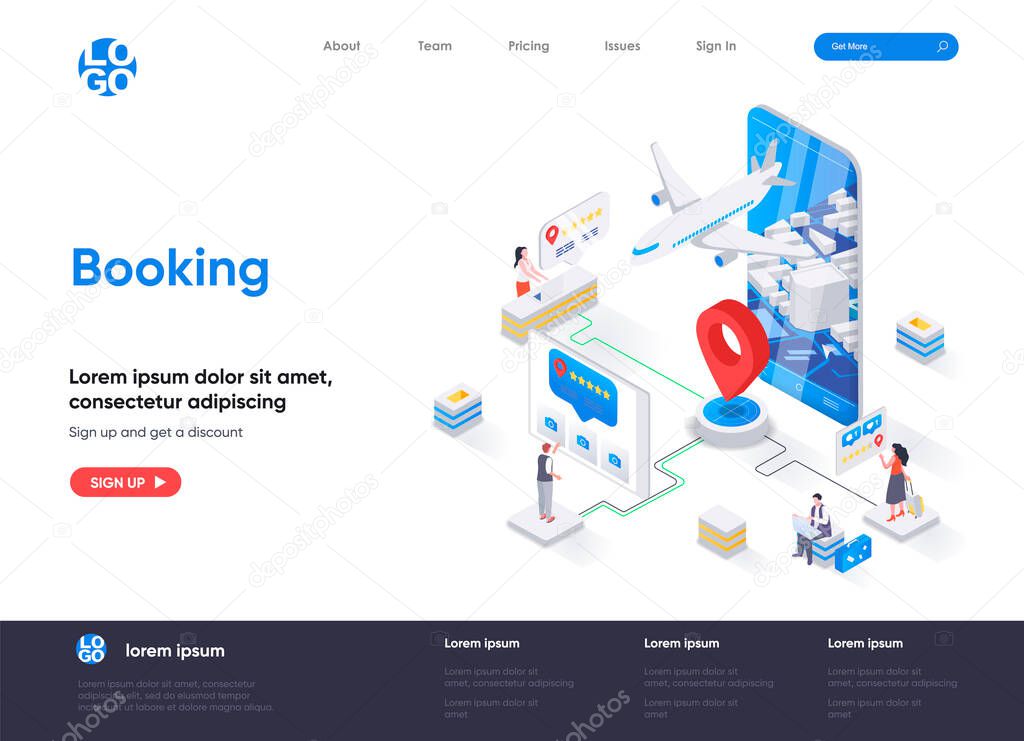 Booking isometric landing page. Travel application for ticket orders, hotel search, review and reservation isometry web page. Flight booking flat website. Vector illustration with people characters.