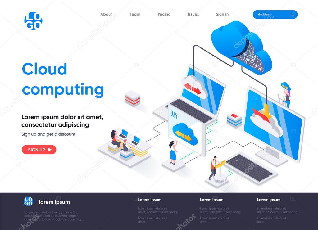 Cloud computing isometric landing page. Hosting platform, big data processing, cloud database administration isometry web page. Website flat template, vector illustration with people characters.