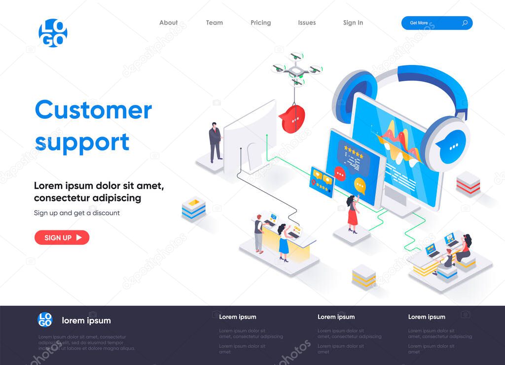 Customer support isometric landing page. Call center service, online assistance, hotline consultation and help chat isometry web page. Website flat template, vector illustration with people characters
