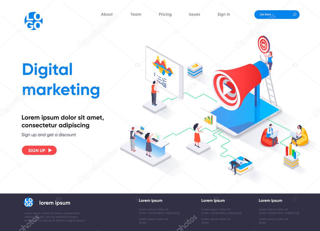 Digital marketing isometric landing page. Marketing research, business analytics and presentation, social targeting isometry web page. Website flat template, vector illustration with people characters