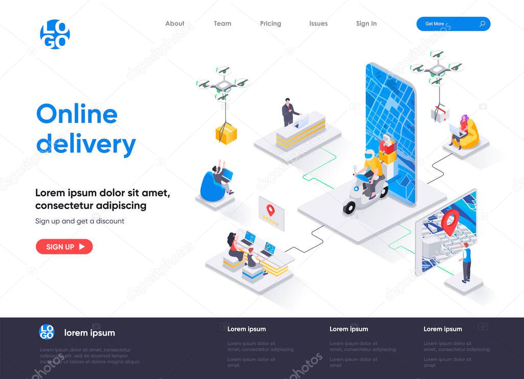Online delivery isometric landing page. Express delivery service, global shipping, online order and tracking isometry web page. Website flat template, vector illustration with people characters.
