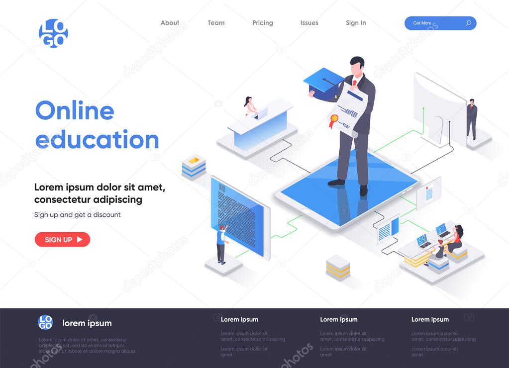 Online education isometric landing page. Distance learning service, professional courses and skills development isometry web page. Website flat template, vector illustration with people characters.