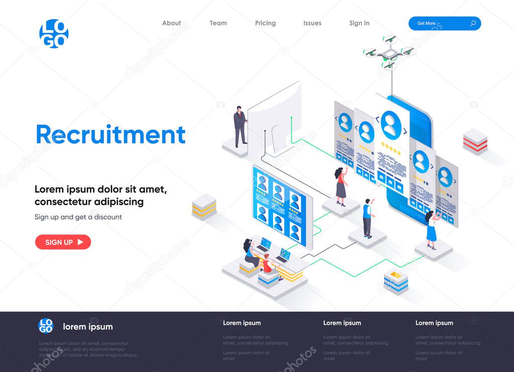 Recruitment isometric landing page. Human resource management and staff headhunting isometry web page. Website flat template. Studying resumes of candidates vector illustration with people characters.