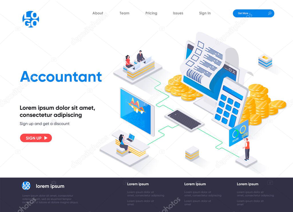 Accountant isometric landing page. Business accounting and financial statements, payment balance and taxes isometry web page. Website flat template, vector illustration with people characters.