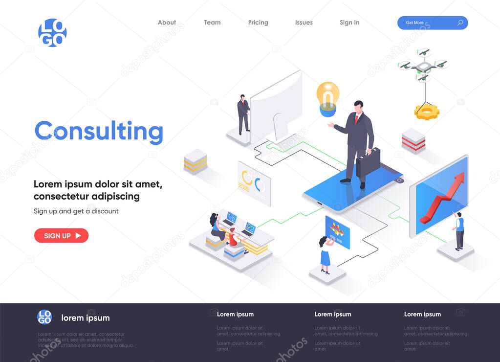 Consulting isometric landing page. Competent business expertise and law assistance, financial audit and accounting isometry web page. Website flat template, vector illustration with people characters.