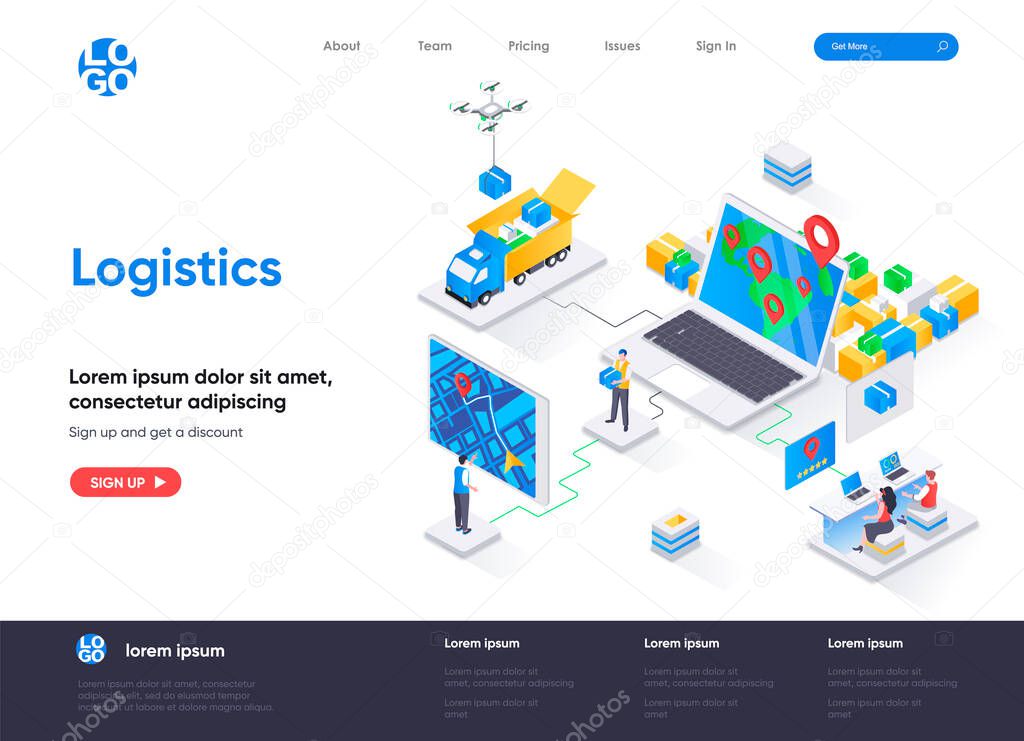 Logistics isometric landing page. Express delivery service, global freight shipping, warehousing and distribution isometry web page. Website flat template, vector illustration with people characters.