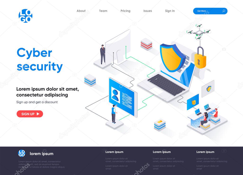 Cyber security isometric landing page. Internet privacy, password access, firewall software and identification isometry web page. Website flat template, vector illustration with people characters.
