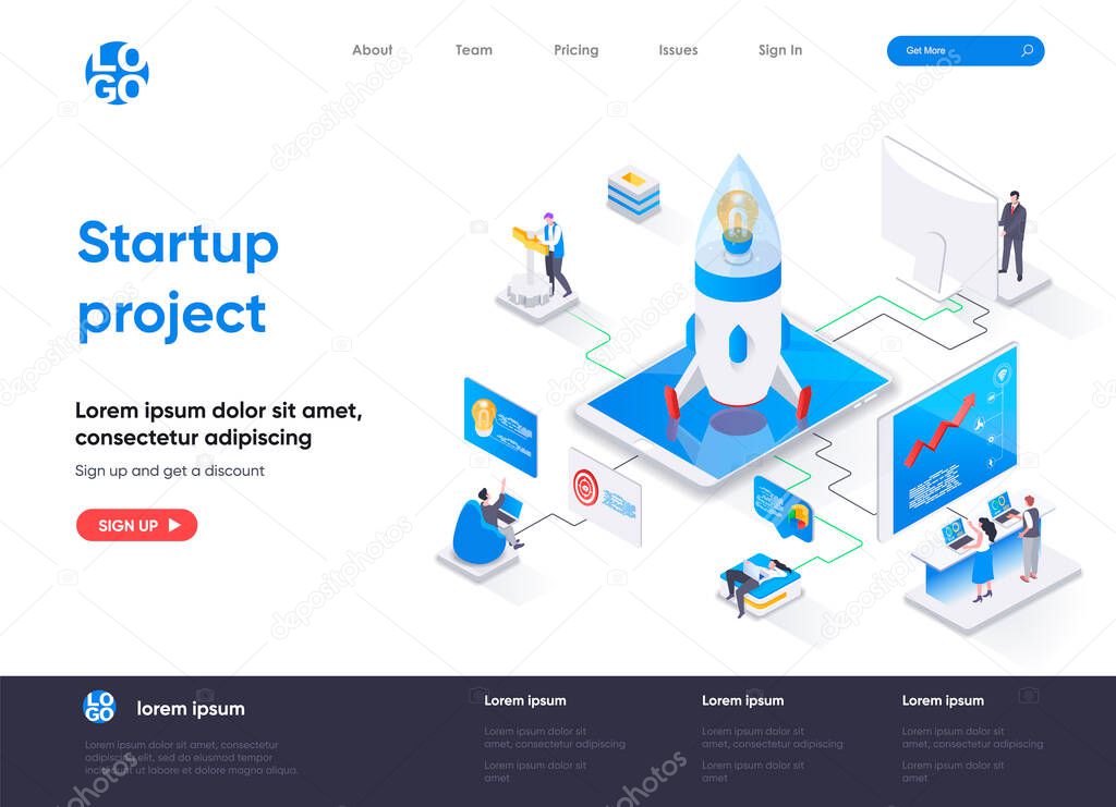 Startup project isometric landing page. Team of startup founders launching new project isometry web page. Innovation solution development website template, vector illustration with people characters.