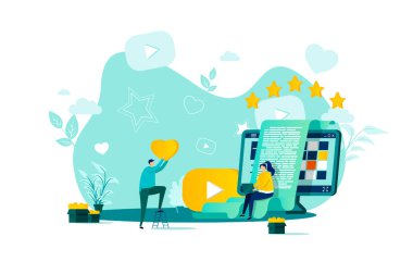 Bloglama konsepti düz stil. Blogcular sosyal medya sahnesi için kalite içeriği oluşturuyorlar. Ağ iletişimi, internet paylaşım afişi. İş durumundaki insanlar ile vektör illüstrasyonu.