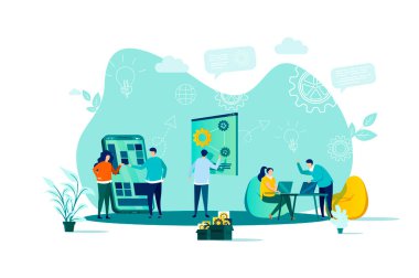 Düz bir şekilde birlikte çalışma konsepti. Ekip üyeleri birlikte uzay sahnesinde çalışıyor. Takım çalışması ve iletişim web pankartı için çalışma alanı. İş durumundaki insanlar ile vektör illüstrasyonu.