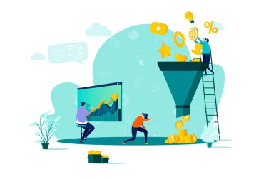 Düz stil pazarlama huni konsepti. Pazarlamacılar verileri inceliyor. Pazarlama araştırması, strateji planlaması, yeni müşteriler. İş durumundaki insanlar ile vektör illüstrasyonu.