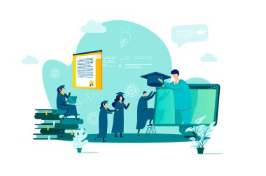 Çevrimiçi eğitim konsepti düz stil. Mezun olan öğrenci internetten diploma alıyor. Uzaktan öğrenme servisi, profesyonel kurslar afişi. Durum içindeki insanların yer aldığı vektör illüstrasyonu.