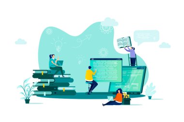 Çevrimiçi çalışma konsepti düz stil. Öğrenciler online sahne öğreniyor. Uzaklık eğitimi, profesyonel seminerler ve kurslar web afişi. İş durumundaki insanlar ile vektör illüstrasyonu.