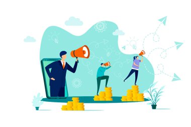Düz stil pazarlama konsepti. Megafon sahnesinde pazarlamacı duyurusu. Sosyal medyada promosyon, referans program web afişi. İş durumundaki insanlar ile vektör illüstrasyonu.