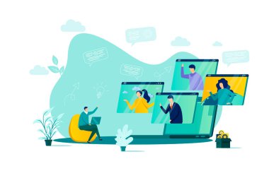 Düz stil video konferans konsepti. Ekip üyeleri online projeyi tartışıyor. Web iletişimi, telekonferans ve video görüşmesi. İş durumundaki insanlar ile vektör illüstrasyonu.