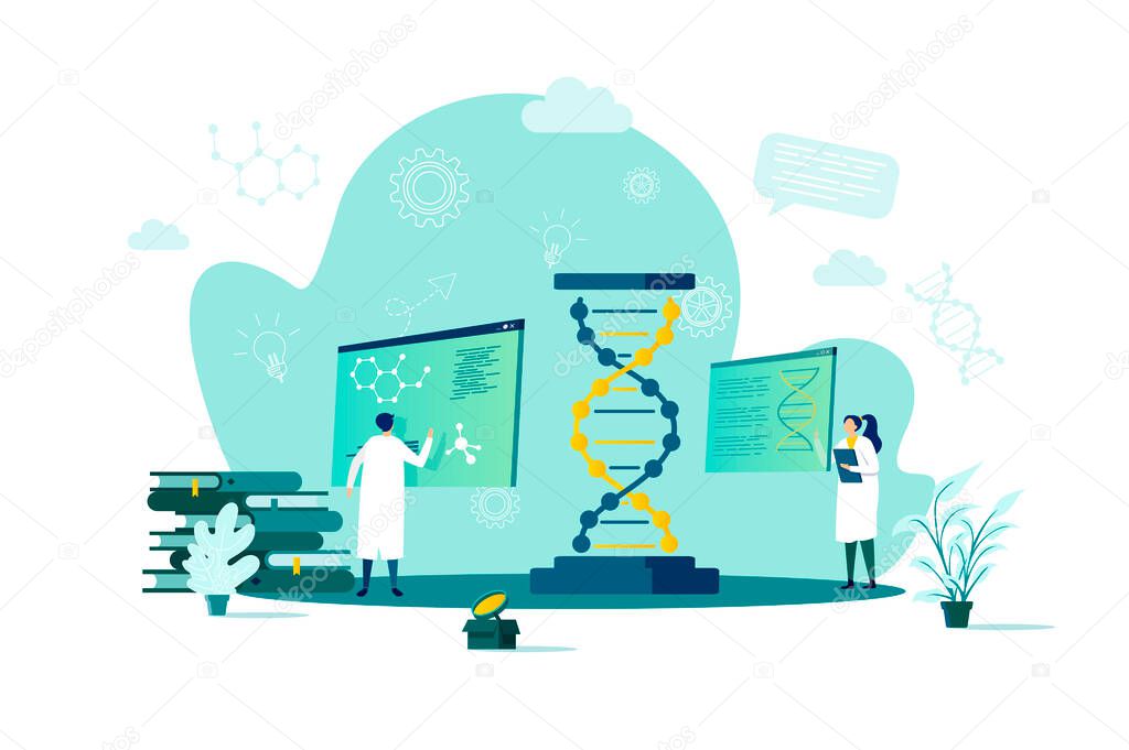 Biotechnology concept in flat style. Scientists in laboratory scene. Science research, DNA sequence cloning and recombination web banner. Vector illustration with people characters in work situation.