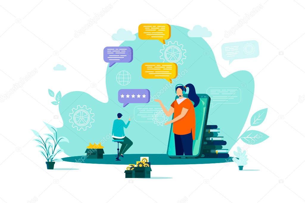 Customer support concept in flat style. Client talking with support operator scene. Call center service, hotline consultation web banner. Vector illustration with people characters in work situation.