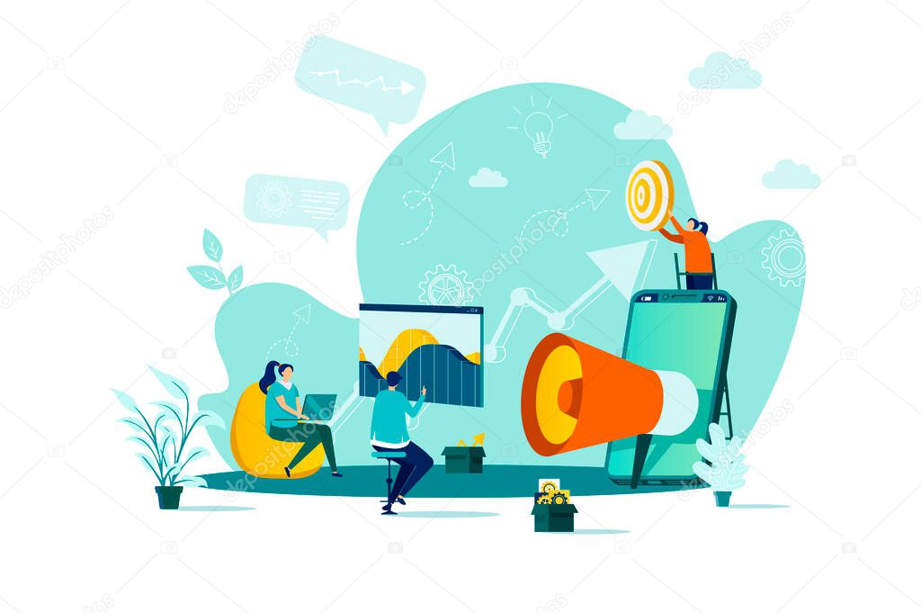 Digital marketing concept in flat style. Marketers team doing market research scene. Business analytics and customer targeting web banner. Vector illustration with people characters in work situation.
