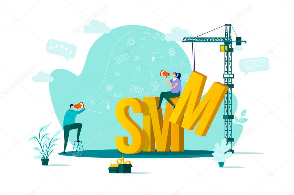 SMM concept in flat style. Marketer announce in megaphone scene. Digital marketing campaign, announcement and promotion web banner. Vector illustration with people characters in work situation.